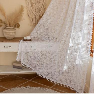 Imagem de Cortinas brancas boho com borlas de 182 cm de comprimento vintage floral tricotado rendado cortinas transparentes bolso haste retro crochê Cottagecore cortinas para janela da porta do quarto 2 painéis
