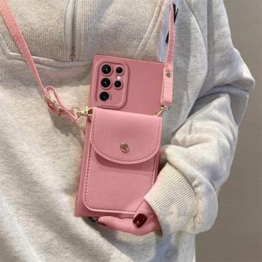 Imagem de HPQWN Para S24 Ultra Crossbody Slot para cartão Bolsa Suporte Case Cord Silicone Capa (Para S24 Ultra/KBGS Rosa)