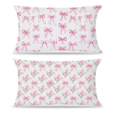 Imagem de FITIE Capas de almofada lombar com laço coquete floral rosa 30,5 x 50,8 cm, conjunto de 2 lados Cottagecore, decoração de quarto feminino, capas de travesseiro rosa para quarto de meninas dormitório