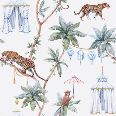 Imagem de VaryStyle Papel de parede tropical de 45 x 299 cm, descasque e cole exótico, palmeira, macaco, tigre, papel de parede de contato com impressão animal, papel de contato para paredes de armário, papel