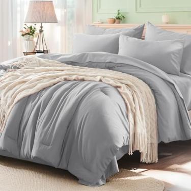 Imagem de Anluoer Conjunto de edredom King Califórnia cinza claro, 7 peças, cama em uma bolsa com lençóis, 1 edredom, 2 fronhas, 1 lençol de cima, 1 lençol com elástico