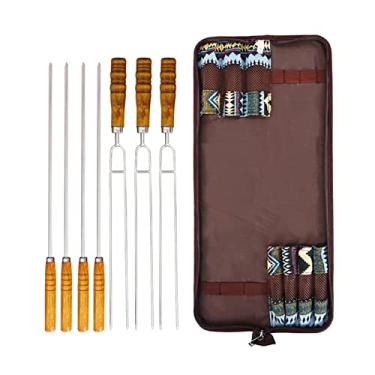 Imagem de 7 espetos de grelha com cabo de madeira, conjunto de espetos de churrasco reutilizáveis, kit de espeto de aço inoxidável com cabo de madeira em forma de U para acampamento