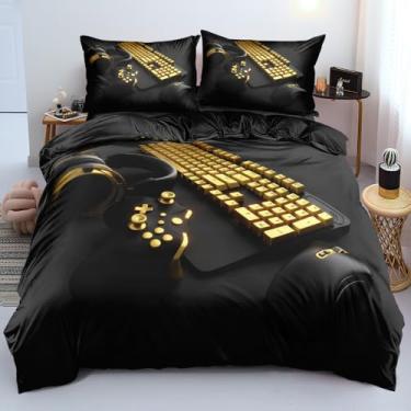 Imagem de Holiyjog Conjunto de capa de edredom tamanho solteiro com fronhas, conjunto de cama para decoração de quarto de jogador – estampa de controle de jogo dourado e design de gamepad dourado – perfeito