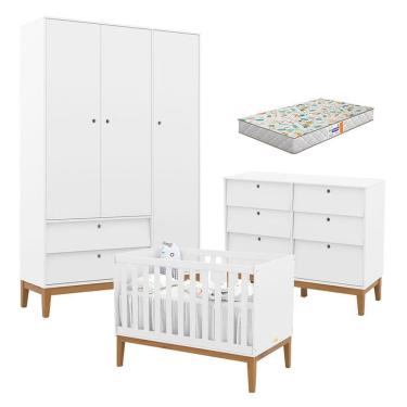 Imagem de Quarto de Bebe Unique 3 Portas com Cômoda 6 Gavetas Branco Soft Eco Wood e Colchão Gazin - Matic