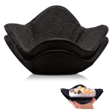 Imagem de Conjunto de 2 suportes de panela de poliéster pretos de 18 cm quadrados x 10 cm de altura - Tigela de sopa confortável para micro-ondas - Suportes de almofadas quentes acolchoadas para comida quente