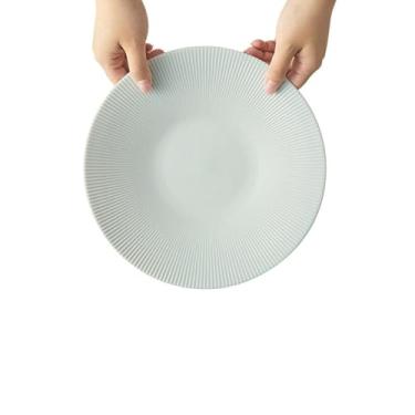 Imagem de Prato de cerâmica estilo nórdico, talheres de mesa listrados simples sob o esmalte - prato plano de 25,4 cm - azul celeste e branco