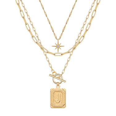 Imagem de Paxuan Colar feminino com inicial personalizada de 3 camadas de ouro delicado - Colar com pingente de letra em camadas de ouro 18K ajustável, corrente de clipe de papel, gargantilha, joias, presentes