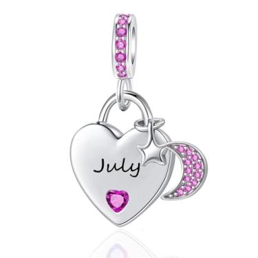 Imagem de QeenseKc Pingente de coração com pingente de lua e estrela com pingente de pedra do mês de julho compatível com pulseira Pandora feminina