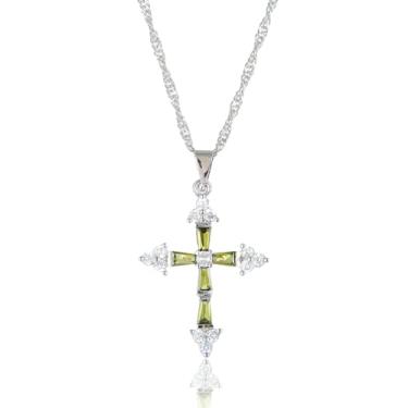 Imagem de RIZILIA Pingente de cruz crucifixo com corrente de 45 cm (18") e pedras preciosas de corte trapézio CZ em ouro branco 18K, elegância moderna simples, Medium, Latão, Zircônia cúbica