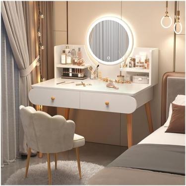 Imagem de Conjunto De Vaidade Com Espelho Iluminado Mesa De Maquiagem Com Prateleira De Armazenamento E Gavetas Mesa De Vaidade Com Cadeira Confortável 3 Modos De Iluminação De Cores B, White, 80cm