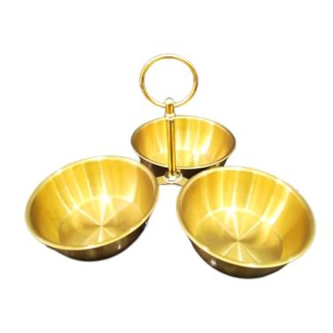 Imagem de Llazsybz Tigela para Servir Lanches, Bandeja de Servir com 3 Compartimentos em aço Inoxidável, Suporte para Lanches com Tigelas para Acompanhamentos, Aperitivo, Ouro, Tamanho real