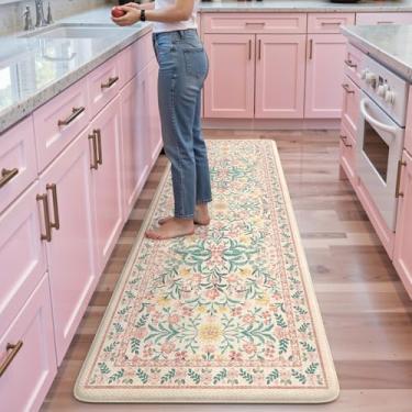 Imagem de Collive Tapetes de cozinha para chão, tapete acolchoado antifadiga, tapetes florais rosa, antiderrapante, impermeável, tapete de pia confortável de espuma viscoelástica para escritório, lavanderia