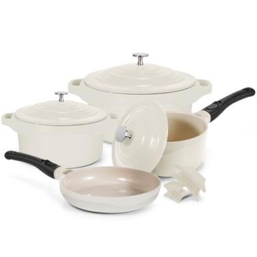 Imagem de LE COOK Jogo de Panelas Premier Antiaderente Cerâmica 4 Peças Off White Caçarolas, Panela e Frigideira com Cabos Removíveis Revestimento Cerâmico Para Todos os Fogões e Forno Utensílios Gourmet