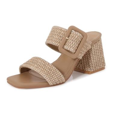Imagem de Shion ShaaYii Sandálias femininas Raffia Slide Square Open Toe Sandálias de salto duas tiras Mules Slip On Block Sandálias de salto grosso para mulheres, Ráfia cáqui, 36