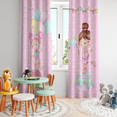 Imagem de Cortina Tecido Oxford Quarto Infantil Poá Rosa Meninas Circo - 280x220