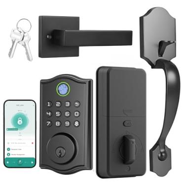 Imagem de Fechadura de porta inteligente, fechadura de entrada sem chave com alça, impressão digital/aplicativo/código/desbloqueio de chave, teclado anti-espião, trava automática, fácil instalação