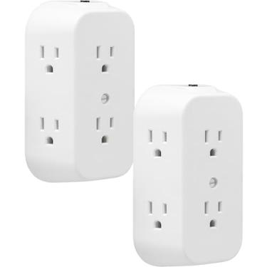 Imagem de GE Extensor de 6 tomadas, pacote com 2, torneira de parede aterrada, botão de redefinição, disjuntor de circuito, tomadas espaçadas com adaptador, 3 pinos, instalação rápida e fácil, certificação UL, branco, 46854