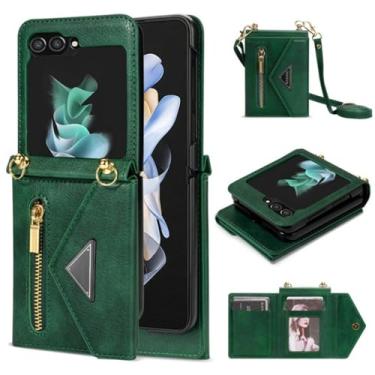 Imagem de Capa de telefone de couro com cordão crossbody para Samsung Galaxy Z Flip 6 5 4 Flip6 Flip5 Flip4 Capa de suporte para cartão de carteira com zíper, verde, para Galaxy Z Flip6
