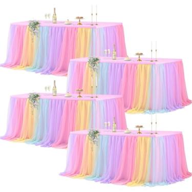 Imagem de Wish Care Pacote com 4 toalhas de mesa de tule arco-íris para mesas retangulares de 1,8 m, saia tutu de tule de camada dupla, unicórnio, babados, pastel, toalhas de mesa elásticas para meninas