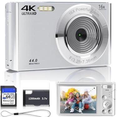 Imagem de Câmera digital, câmera infantil FHD 1080p, câmeras digitais de 44 MP com cartão SD de 64 GB, zoom de 16x, baterias, cordão, câmera pequena compacta para crianças, meninos, meninas