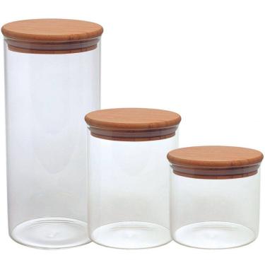 Imagem de Kit Jogo 3 Potes Vidro Hermético Com Tampa Bambu 300/500/1,2