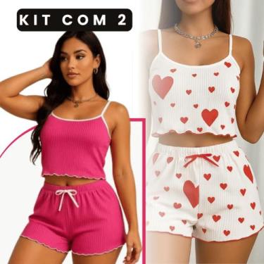 Imagem de Kit c2 Conjuntinho Baby Dool Feminino Canelado de Poléster - Pijama Ba