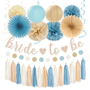 Imagem de Decorações de festa para chá de noiva bege azul claro e empoeirado - 31 peças de banner Bride To Be, lanternas de papel de despedida de solteira neutra boho, guirlanda de casamento, pompons de tecido