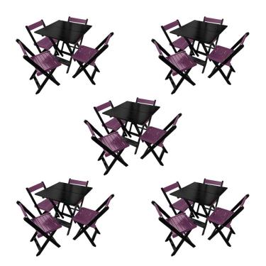 Imagem de Kit 5 Mesas de Madeira Dobrável Preto 70x70 com 4 Cadeiras Dobráveis Roxo