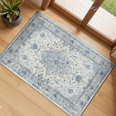 Imagem de RELEANY Tapetes de área de 6,5 x 7,8 m lavável, antiderrapante, floral, vintage, estampa de angústia, tapete medalhão para sala de estar, quarto, sala de jantar, azul claro, azul-marinho, bege, cinza