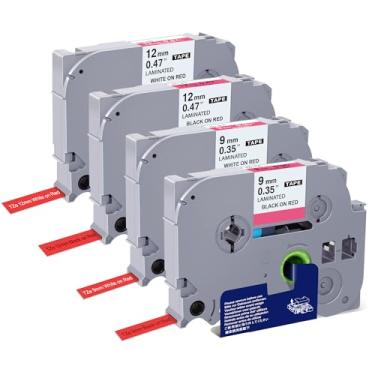 Imagem de TITBIT Pacote com 4 fitas vermelhas para Brother Ptouch PTE110 PTD220 PTP300BT compatível com fita de etiqueta TZe 9 mm 0,35"/12 mm 1,2 cm laminada, preto/branco em vermelho, para etiquetadora P-Touch