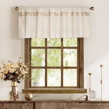 Imagem de Cortinas de sanefa de cozinha de linho de algodão com faixa bordada dourada brilhante moderna elegante 40,6 cm saia curta de casa de fazenda neutra para tratamento de janelas