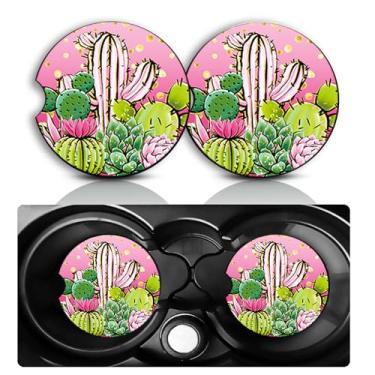 Imagem de Conjunto de 2 porta-copos de carro de cacto – Acessórios divertidos para carro de cacto 7 cm, tamanho universal, tapete de borracha antiderrapante, porta-copos embutidos, decoração de cactos