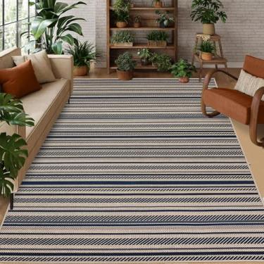 Imagem de USTIDE Tapete moderno de juta fácil para uso ao ar livre, 12 x 17 cm, lavável, azul, listrado, tapetes para sala de estar, tapetes antiderrapantes para área de fazenda, tapete para quintal, escritório