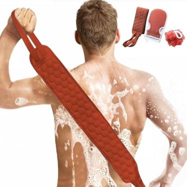 Imagem de 3 peças de esfregão traseiro com alças, luva de banho, buchas de chuveiro de esponja, toalha de banho dupla face para homens e mulheres (vermelho)