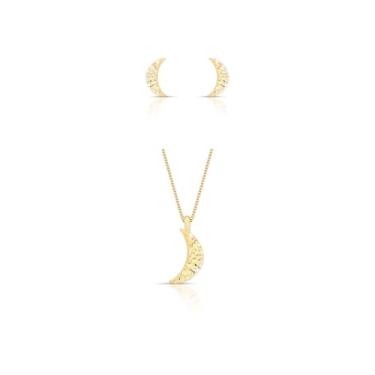 Imagem de Guymy Conjunto Lua Crescente Folheado a Ouro 18k, Colar e Brincos, Dourado, 45cm, com Caixa Presenteável, Semijoia Feminina