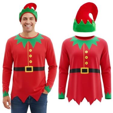 Imagem de Yaomiao Camisa masculina com estampa de elfo, manga comprida, com chapéu de feltro de elfo, fantasia para festa de Natal (vermelha, G)