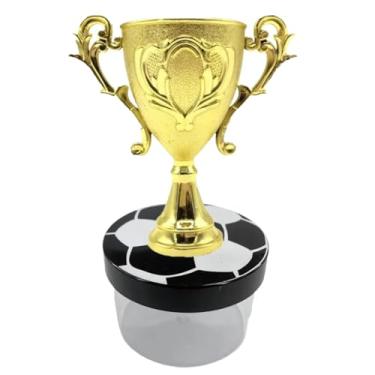 Imagem de Kit Lembrancinha Tema Futebol: Caixinha Acrílica Redonda + Mini Troféu Dourado Decoração Mimos Festa Campeão (10 Taça 10 Caixa Tampa Preta Gravura Bola)
