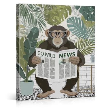 Imagem de Arte de parede engraçada para banheiro - macaco no vaso sanitário, cartaz, impressão, tropical, botânico, decoração de parede de banheiro 20 x 25 cm