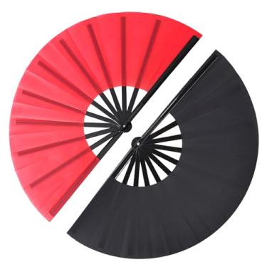 Imagem de Yunaeduo Pacote com 2 leques grandes dobráveis para dança em linha, botas no chão, fãs de rave, fãs de dança portáteis de tecido de nylon de 33 cm (vermelho e preto)