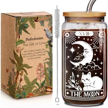 Imagem de Enanaimg The Moon Tarot Card Cat Glass Cup Gifts for Women Girls Bestie Girlfriend Pet Lover, Funny Meow Witchy Cats Ice Coffee Glass Gift for Cats Mom, Mystical Spooky Cute Witchy Gothic Graduation