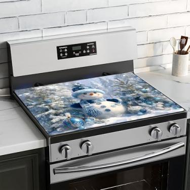 Imagem de BVBOX Capa superior de fogão de Natal para fogão elétrico 71.1 cm x 50.8 cm, capas superiores de fogão de vidro lavável decorativo protetor de fogão para cozinha doméstica (boneco de neve azul)