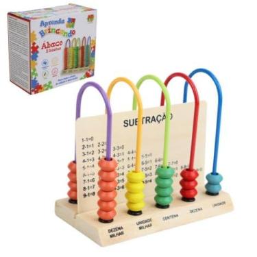 Imagem de Ábaco Educativo de Madeira 13cm – 5 Hastes Coloridas | Brinquedo Pedagógico para Aprender Contar | Coordenação Motora e Raciocínio Lógico