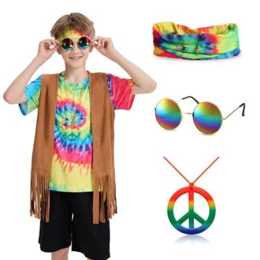 Imagem de Dwieey Conjunto de acessórios para fantasia hippie para meninos dos anos 60, 70, 5 peças, colete com franja, camiseta tie dye para festa de Halloween, cosplay, Arco-íris, 4-5 Anos