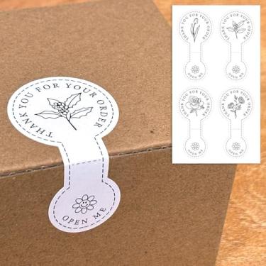 Imagem de 100 adesivos florais minimalistas, adesivos de arte de linha Thank You & Open Me para embalagens comerciais, design de rosa tulipa, selos de caixa de presente elegantes para marca de comércio