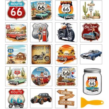Imagem de GLOBLELAND 18 Folhas Vintage Route 66 Rub on Transfers Adesivo para Artesanato 9,99 x 9,1 cm Motocicletas UV DTF Cup Wraps Decalques Adesivos Clássicos Esportes Carros Transferência Decalque para