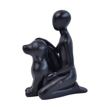 Imagem de SIETIOJI Estátua decorativa de resina para homem e cachorro, decoração de casa moderna, escultura memorial para animais de estimação, cinza (preto)