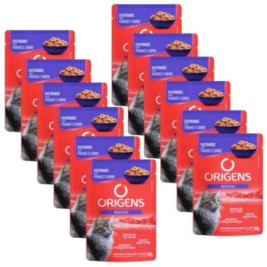 Imagem de Ração Úmida Origens Sachê Gatos Castrados Frango e Carne 85g 12 Unidades
