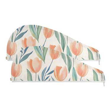 Imagem de SEHANY Toalha de cabelo de microfibra de flores coloridas elegantes para mulheres, 2 peças, turbantes de cabelo de secagem rápida com botão, touca de cabelo seco absorvente toalha de secagem de cabelo