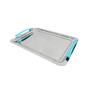 Imagem de Bandeja Grande Organizadora para Kit de Higiene Bebê Recém Nascido 44x33cm em Aço Inox com Alça Azul e Design Moderno