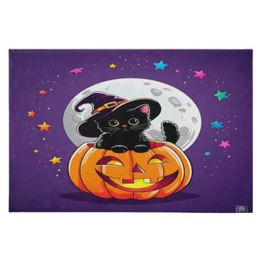 Imagem de CEBUGI Tapete de área 60 x 90 cm macio lavável tapete antiderrapante com suporte de borracha gato preto abóbora tapetes para sala de estar, quarto, decoração de casa